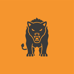 Fierce Black Wolf Silhouette with Glowing Eyes on Orange Background.