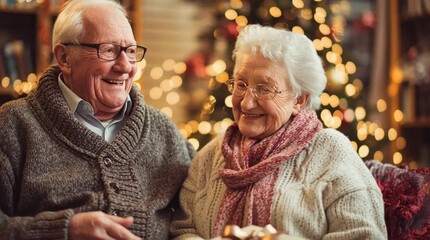 Elderly couple exchanging a wrapped christmas gift in front of a christmas tree with bokeh lights indoors - Powered by Adobe