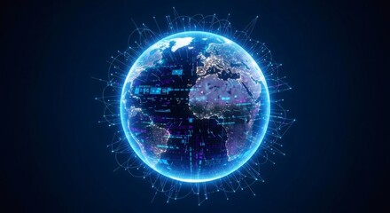 Obraz premium Glowing Earth with digital grid and connection lines on dark background