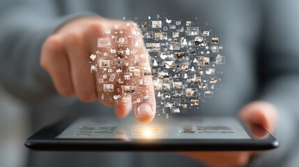 Finger pointing to touchscreen tablet with floating social media interface, symbolizing online activity, engagement, networking, and mobile marketing in tech environment