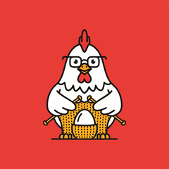 Cute Cartoon Chicken with Glasses Knitting an Egg Cozy.