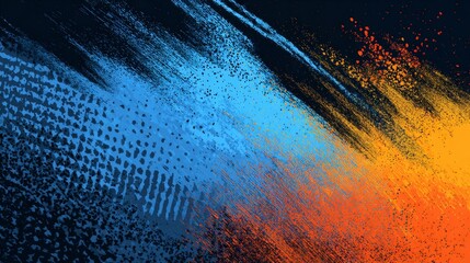 an abstract artwork with vibrant colors, primarily in hues of blue, orange, and red, creating a dynamic visual effect