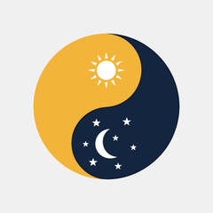 Yin-Yang symbol representing the balance between day and night with sun and moon icons.