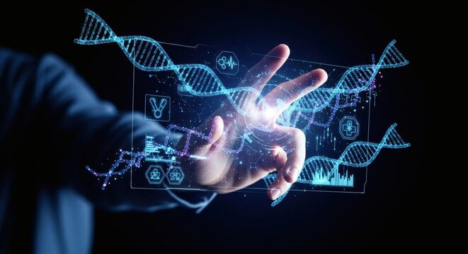 Hand interacting with glowing DNA strands and medical icons on a dark background
