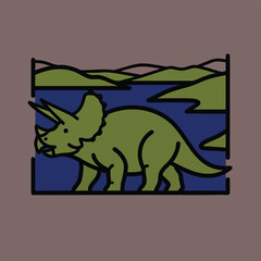 A friendly green Triceratops dinosaur in a minimalist prehistoric landscape illustration.