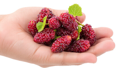 Luxury Designer Fresh Ripe Mulberries in Hand on Transparent Background

