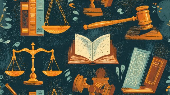 Illustration of legal and justice-related objects scattered on a dark textured background