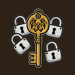Ornate Golden Key with Tribal Design and Silver Padlocks Illustration.