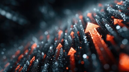 Futuristic arrows rise against digital backdrop, representing business expansion, market success, and growth in tech-driven environments