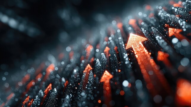 Futuristic arrows rise against digital backdrop, representing business expansion, market success, and growth in tech-driven environments