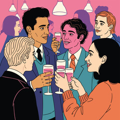 Diverse group of people enjoying drinks at a social gathering.