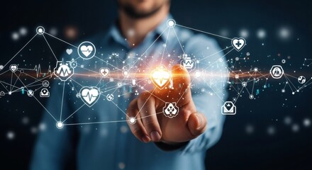 Touching glowing health network with medical icons