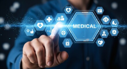 Fototapeta premium Touching a digital interface with medical icons