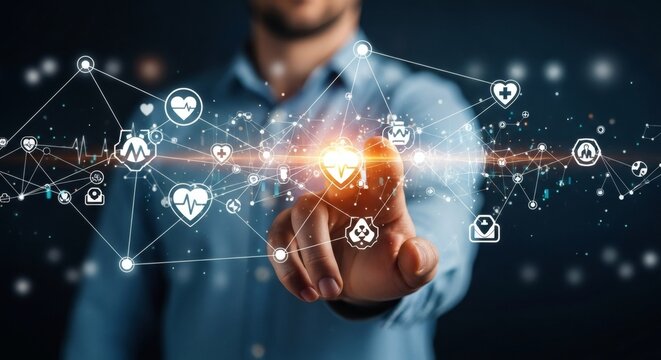 Touching glowing health network with medical icons