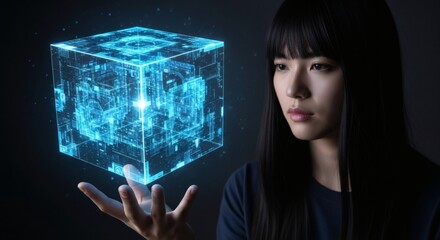Woman interacting with a glowing digital cube