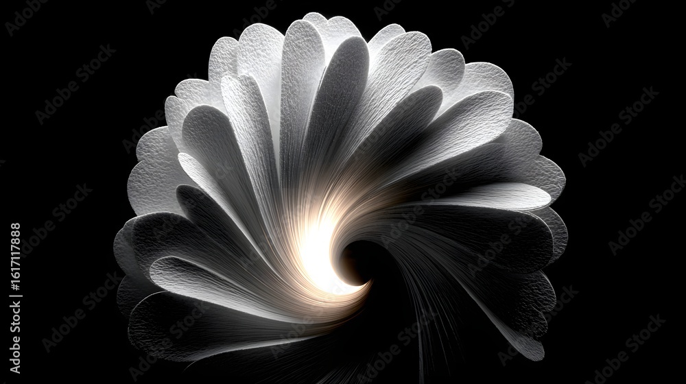 Poster abstract design of layered white petals in a spiral formation.