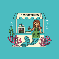 Mermaid serving smoothies at an underwater stand.