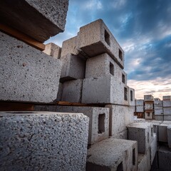 Concrete blocks stacked at a building site, ready for use. 
