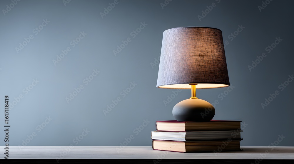 Poster table lamp atop a stack of books against a muted background.