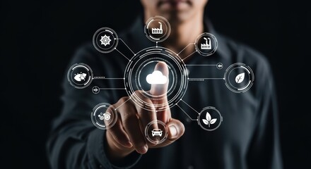 Person interacting with a digital interface showing a cloud symbol connected to icons representing industry technology and environmental elements highlighting smart systems integration