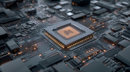 Fototapeta premium AI central processor unit on digital motherboard, machine learning and neural network visualization, 3D render --ar 16:9 --v 7 Job ID: c116de06-c21e-445b-b48b-bda2eb1680b7