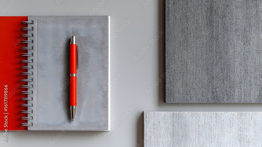 Poster open spiral-bound notebook with a red pen resting on a gray surface.