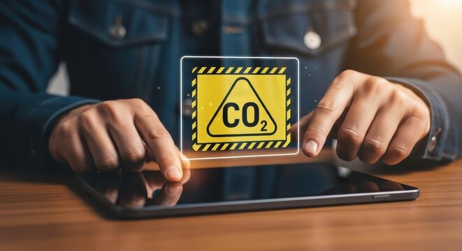 Person interacting with a holographic display showing a yellow warning triangle with CO2 inside indicating carbon emissions carbon dioxide danger environmental