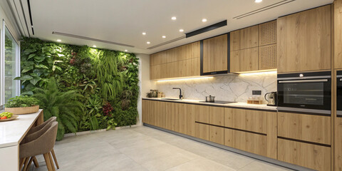 Kitchen with living green wall, bamboo cabinets, and solar-powered lighting.
