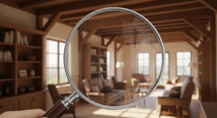 Obraz premium Hand holding a magnifying glass over a cozy living room with bookshelves sofas and windows Interior Furniture Home House Search Discovery Investigation