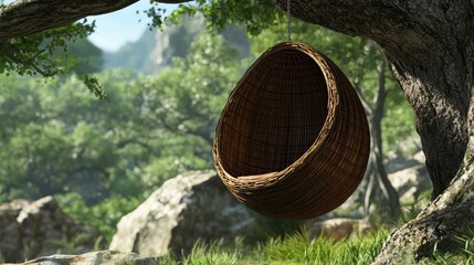 Wooden egg-shaped hanging chair in a lush forest