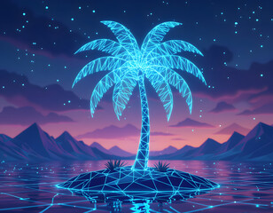 Wireframe Palm Tree in a Futuristic Sci-Fi Landscape