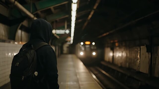 A cinematic image of a lone commuter standing on a dim subway platform.