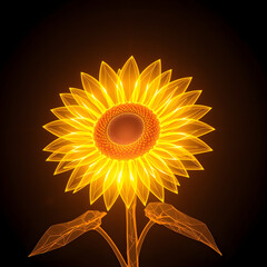 Techno Wireframe Sunflower Facing a Digital Light Source