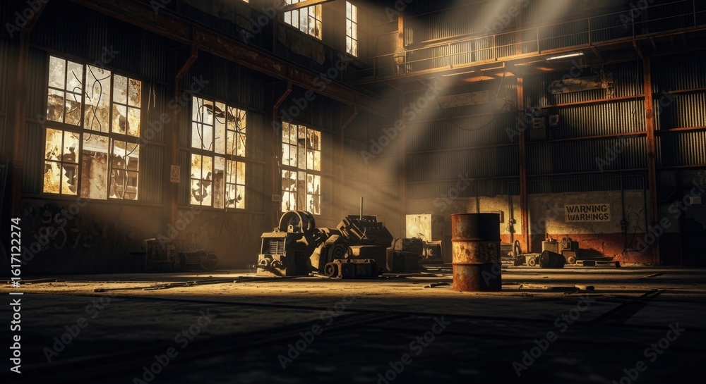 Poster moody light filtering through broken windows in a deserted warehouse with rust stains.