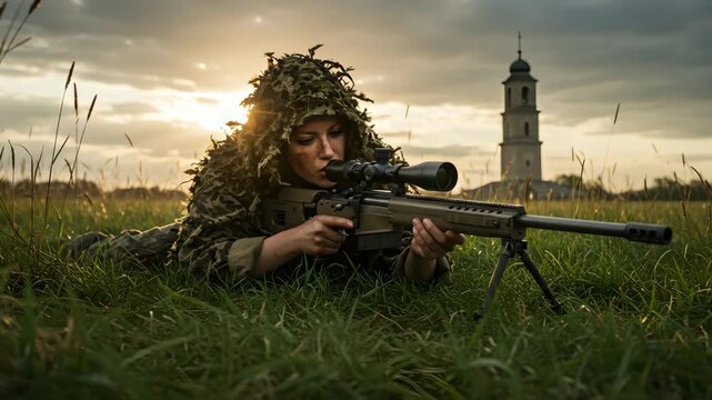 Female Sniper at Sunset with Camouflage Netting