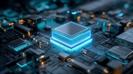 an intricate circuit board with various electronic components such as integrated circuits and resistors