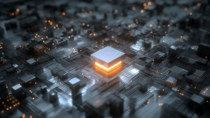 a futuristic urban landscape with a prominent central building that stands out against the cityscape