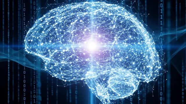 A digital representation of a human brain, highlighted by light and connected by a network, set against a backdrop of binary code.