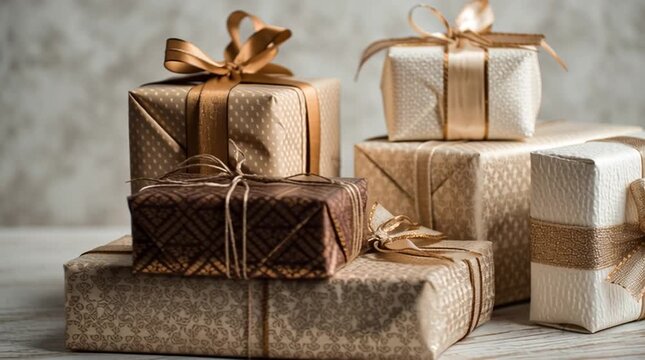 A stack of elegantly wrapped gifts with ribbons and bows in neutral and gold tones on a table