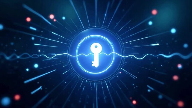 Futuristic digital key symbolizing security and access, surrounded by glowing abstract elements