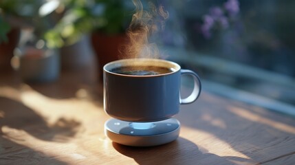 Steaming coffee cup on heated coaster