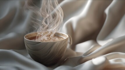 Steaming coffee mug on fabric