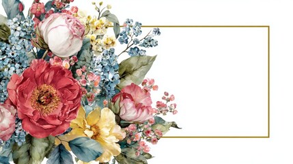 an intricately detailed floral arrangement featuring various blooms in hues of red, pink, yellow, and blue. the flowers are accompanied by lush green foliage