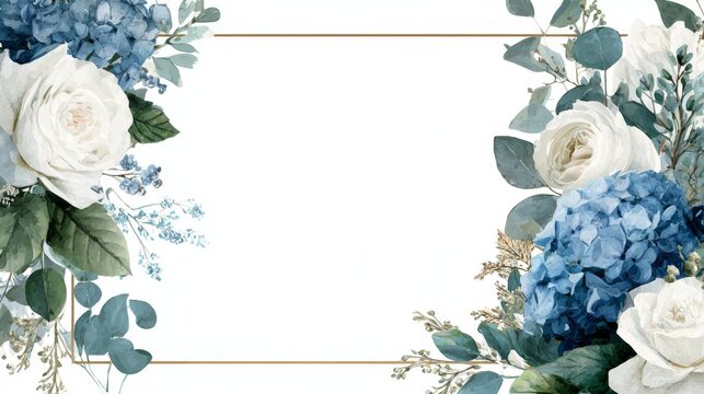 a bouquet of flowers with blue blossoms arranged in an elegant display. surrounding the flowers is a decorative border that includes floral accents and foliage, enhancing the overall aesthetic