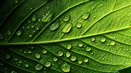 fresh green leaf covered with raindrops and highlighted by the sun