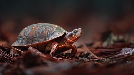 Naklejka premium Turtle with legs extended mid-stride on a bed of forest needles