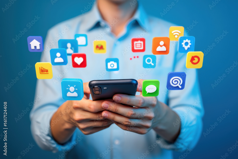 Poster navigating the digital age a person using a smartphone surrounded by app icons showcasing connectivi