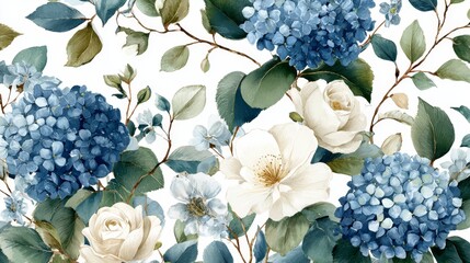a floral wallpaper featuring an array of blue flowers interspersed with green leaves