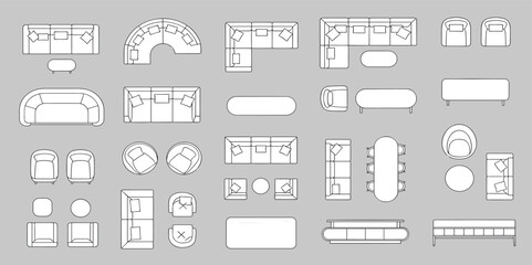Furniture outline top view. Floor plan icons set for design interior and architectural project. Furniture thin line icon in top view for layout.