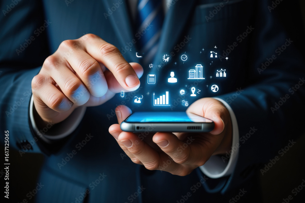 Poster modern technology and business integration a businessman using a smartphone with emerging digital ic